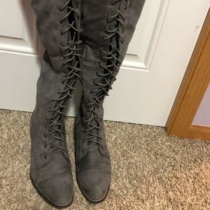 Gray over the knee lace up boots